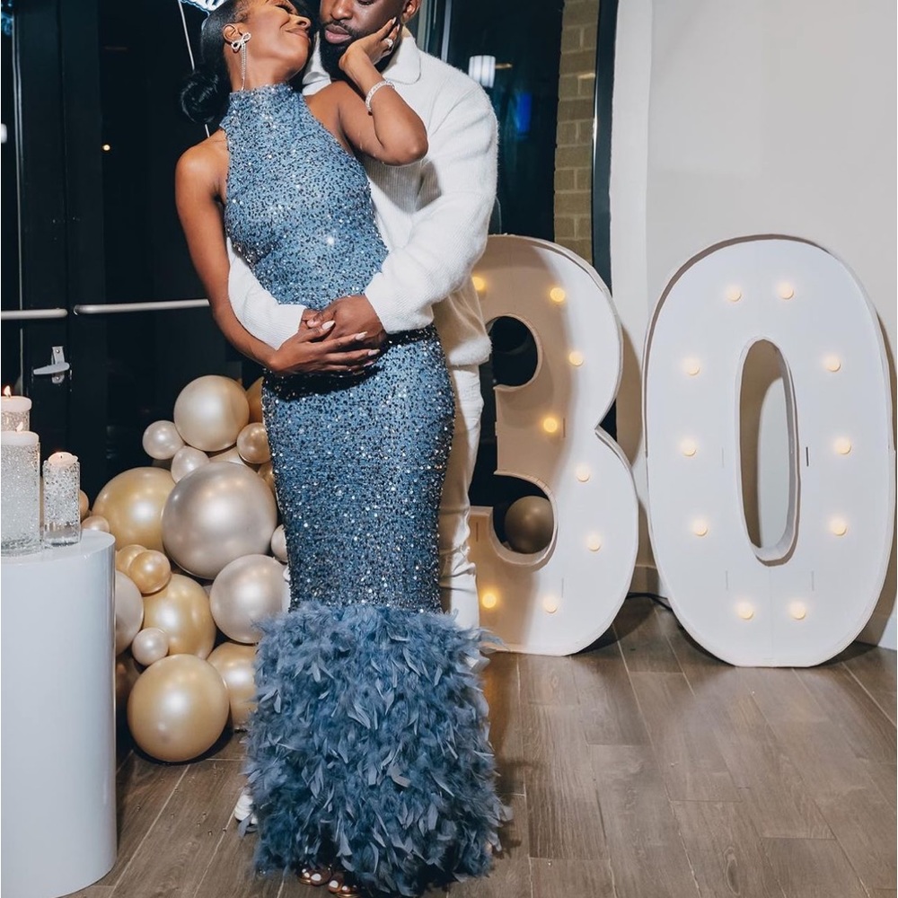 Slate Feathered Sequin Gown